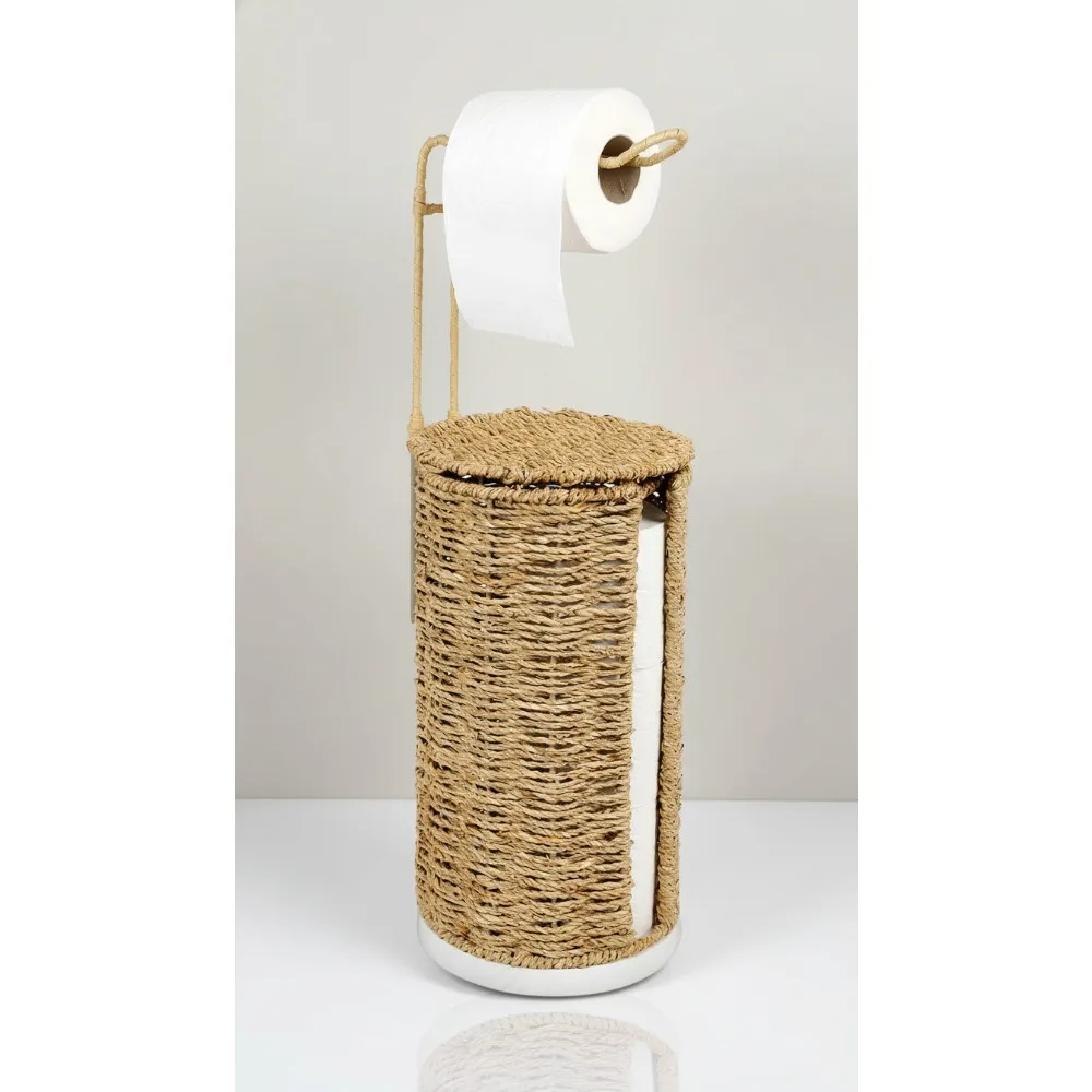 

Handwoven Rattan Toilet Paper Holder with Lid, 3-Roll Storage, Boho Farmhouse Bathroom Decor Stand