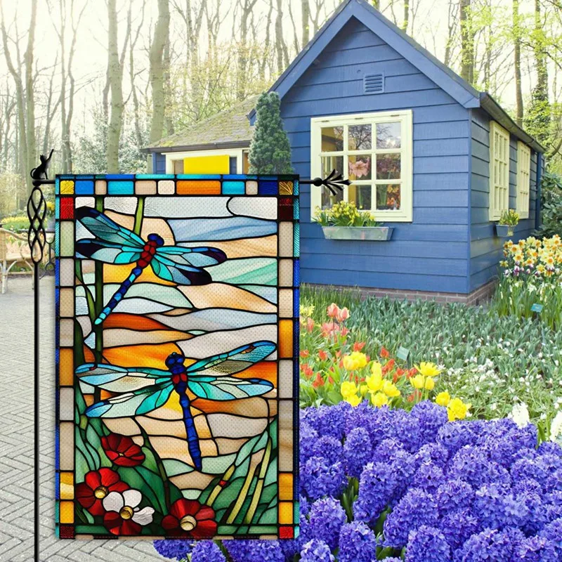 【CLEARANCE】Dragonfly Garden Flag Glass Style Flowers Garden Flag Vertical Double Sided Rustic Farmland Burlap Yardoutdoor Decor