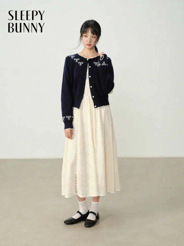 Wool Knit Cardigan Women Contrast Bow Embroidery Sweater Autumn Short Slim Fit Round Neck Outerwear Jacket for Casual Layering