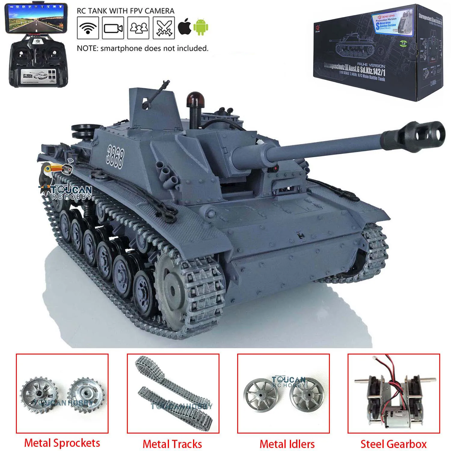 Heng Long 1/16 Scale 7.0 Upgraded FPV German Stug III RTR Radio-controlled C Tank Model 3868 Metal Tracks Toy TH17422