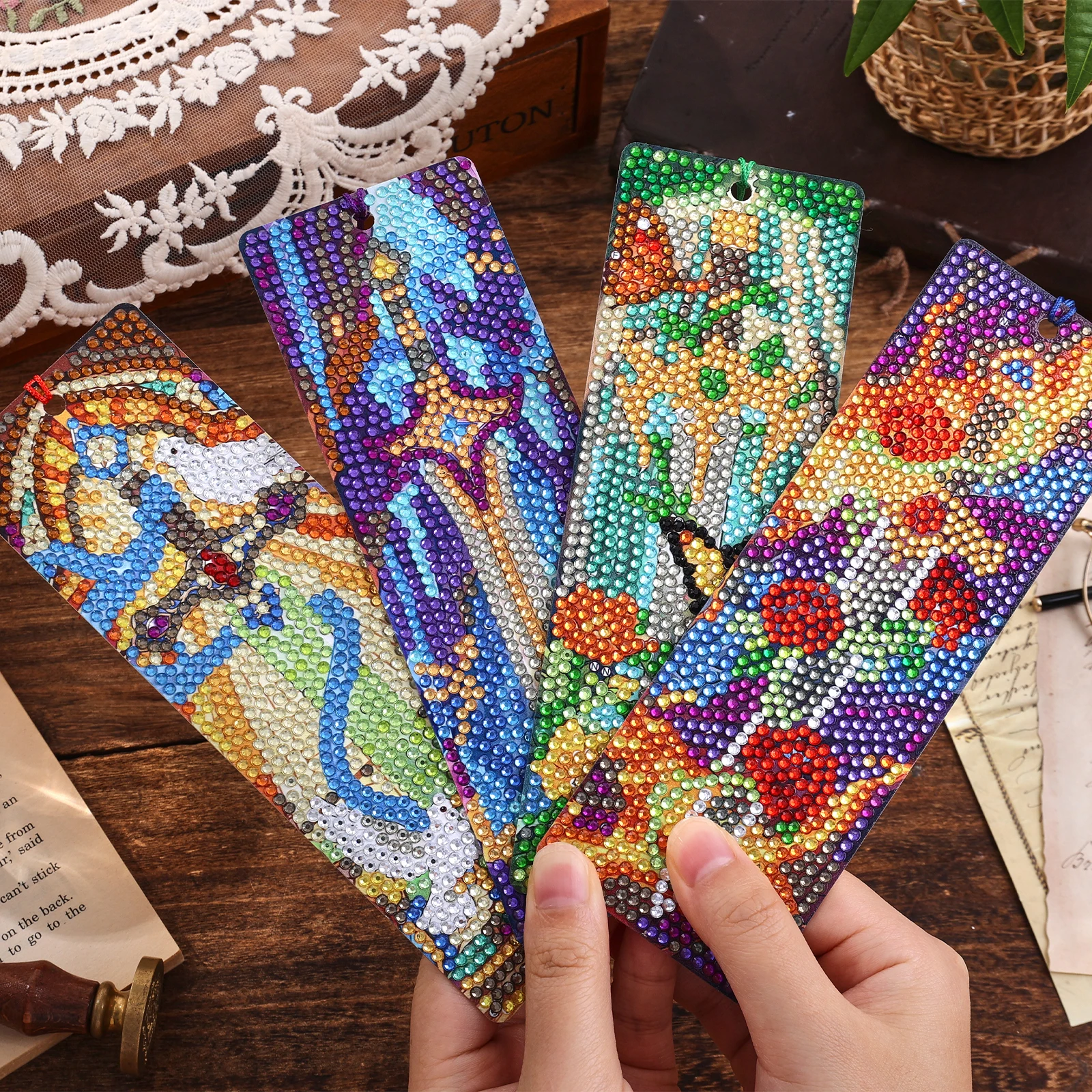 4 Pcs Diamond Art Bookmarks Sword Flower Kit with Tassels Pendant Accessories for Readers Craft Lovers Graduation Birthday Gift