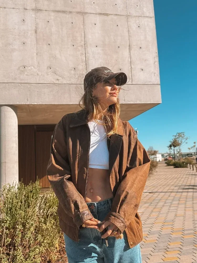 

Однотонное укороченное замшевое пальто, женская модная свободная куртка с лацканами и длинными рукавами на молнии, новинка 2023 года, осенняя женская повседневная уличная верхняя одежда