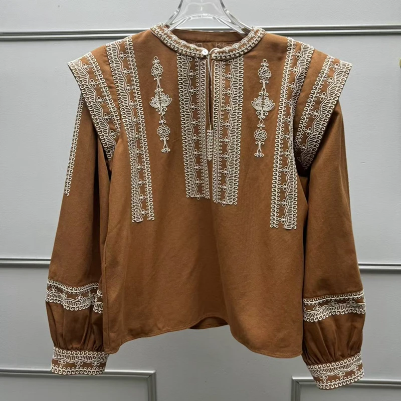 

Casual Shirt Women's Spring and Autumn 2025 New Vintage Ethnic Style Lantern Sleeve Round Neck Embroidered Top