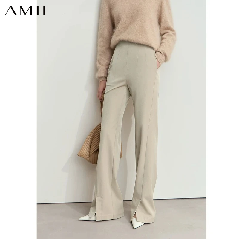 AMII Minimalist Black Flare Pants 2026 Winter New Front Slit Female High Waist Basics Commuter Casual Pocket Trousers 12414009