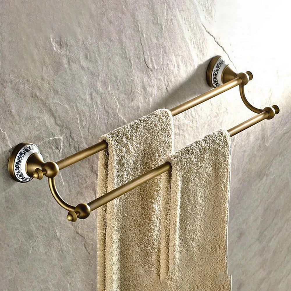 Towel Bars Antique Brass Bathroom Washroom Towel Rack Wall Mounted Space-saving Double Rod Household zba407