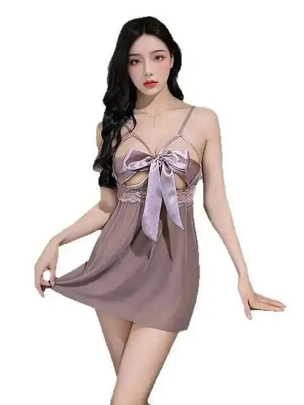 セクシーなランジェリーメッシュレース薄手の甘いミニドレス誘惑的な股開きホット情熱的なセット蝶ネクタイドレスエレガントなトップス KKZ3