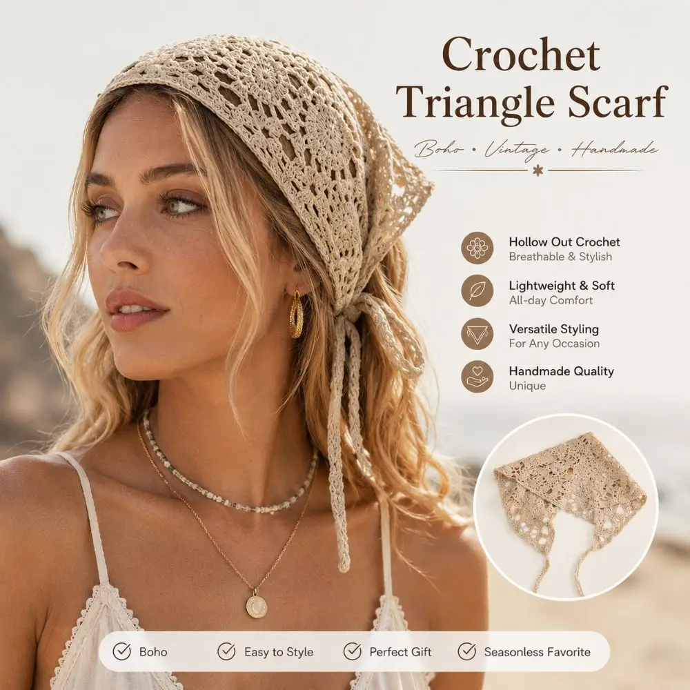 Solid Color Triangle Hair Scarf Sheer Mesh Handmade Crochet Crochet Headband Hollow Sweet Cute Strap Versatile Neck Scarf
