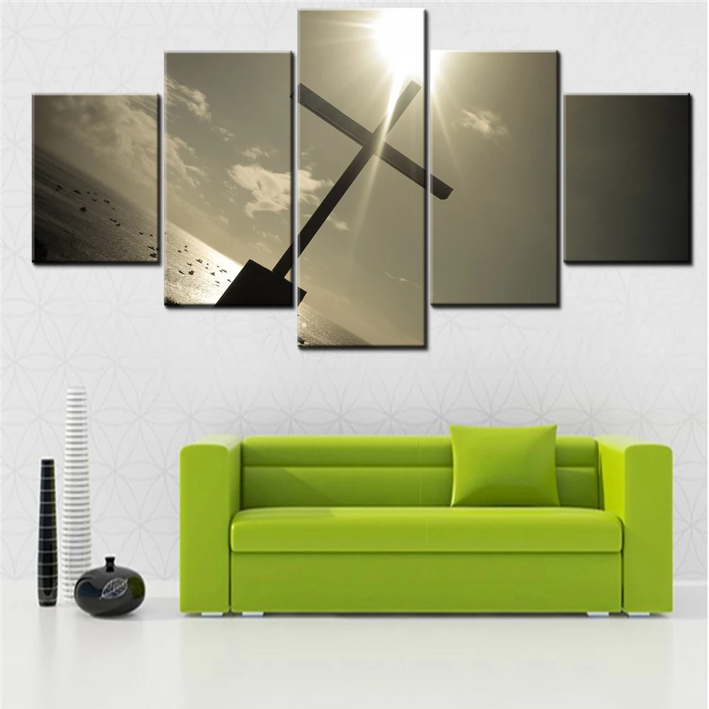 5 Pieces Canvas Wall Arts Poster Painting Cross with Radiant Sunlight Home Decor Picture Printing For Living Room Mural Artwork
