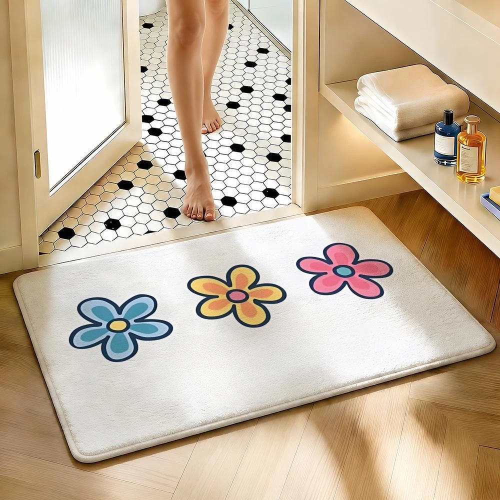 Retro Groovy Daisy Print Bath Mat Inspirational Positive Soft Fluffy Non Slip Absorbent Bathroom Floor Rug Cute Bohemian Home