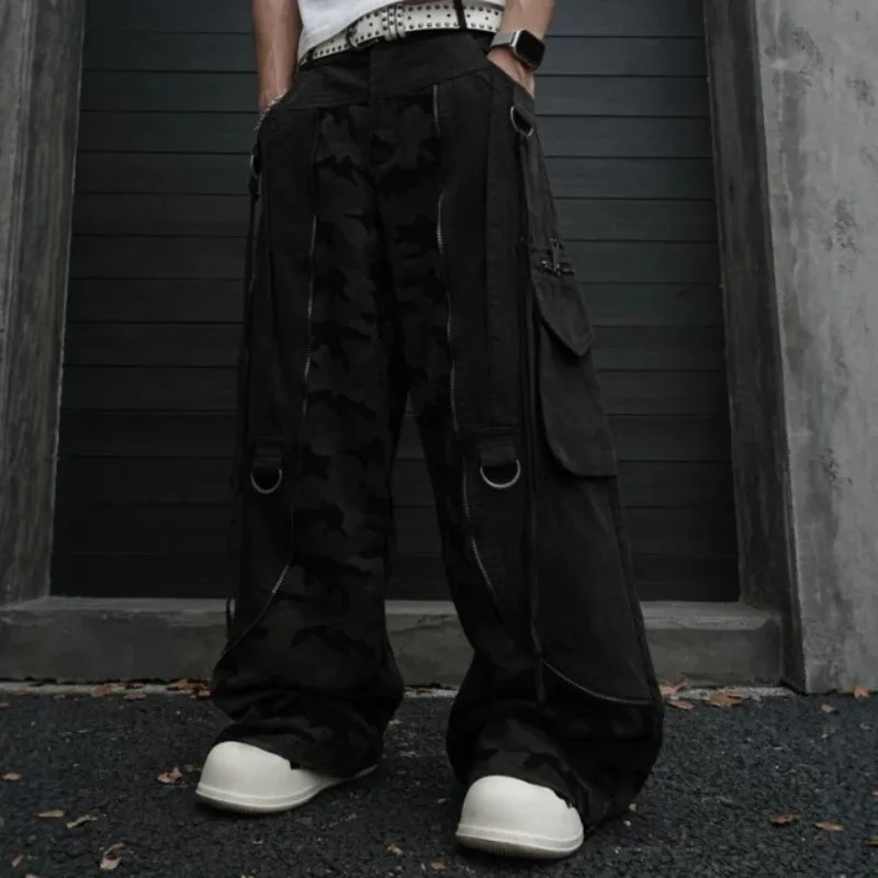 MWJLPWQ Street Camouflage Patchwork Cargo Pants Men American-Style Multi Pockets Deconstructed Loose Fit Wide-Leg Trousers 20478