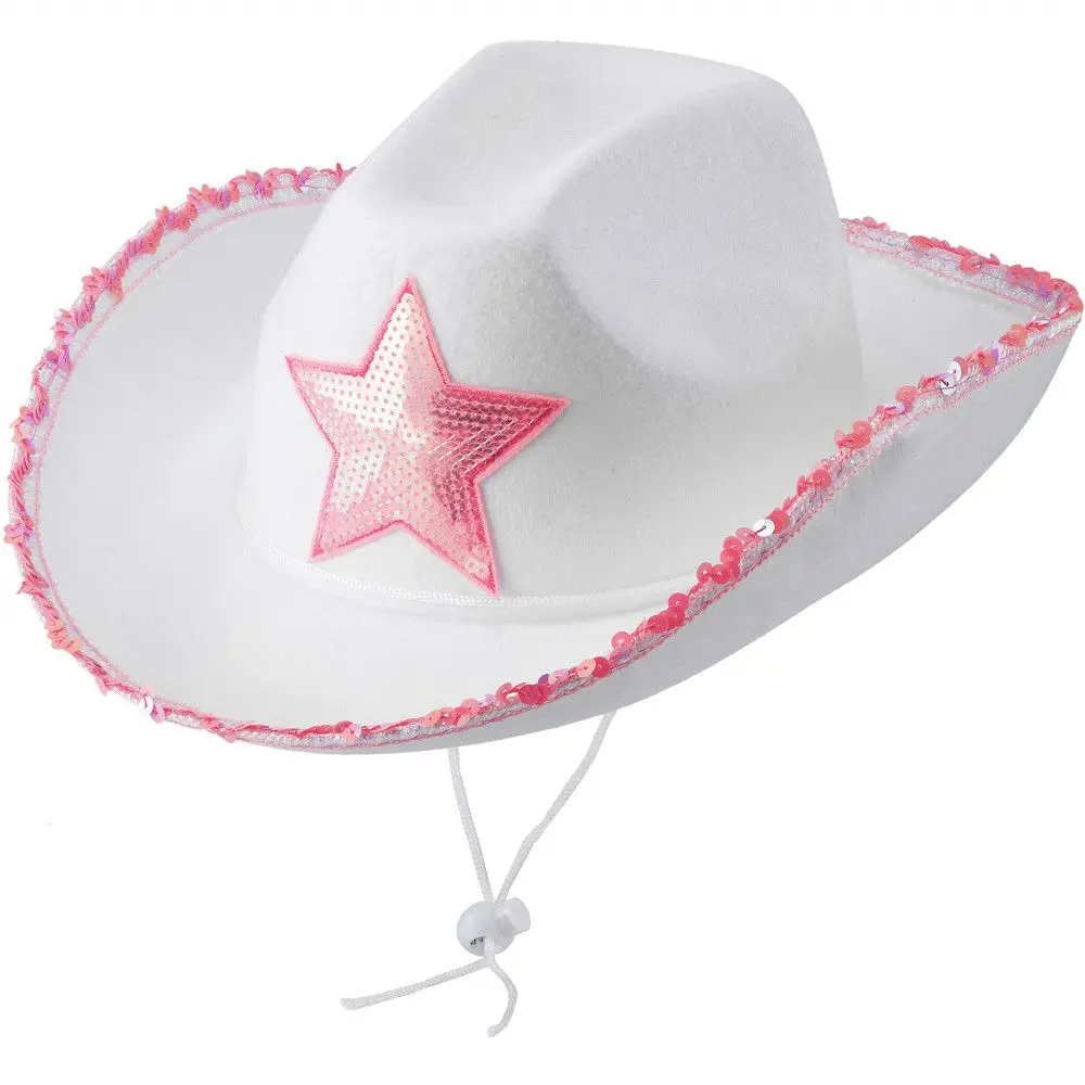 Costume Party Neck Draw String Adjustable Adult Size Pink Star Cowboy Hat Cow Girl Hat White Cowgirl Hat