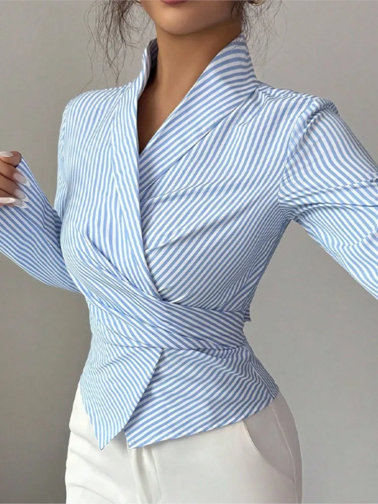 

Autumn Temperament Commuting Shirt Collar Tie Shirt Cardigan Women's Elegant Versatile Tops Fashion Striped Long-sleeved Shirt
