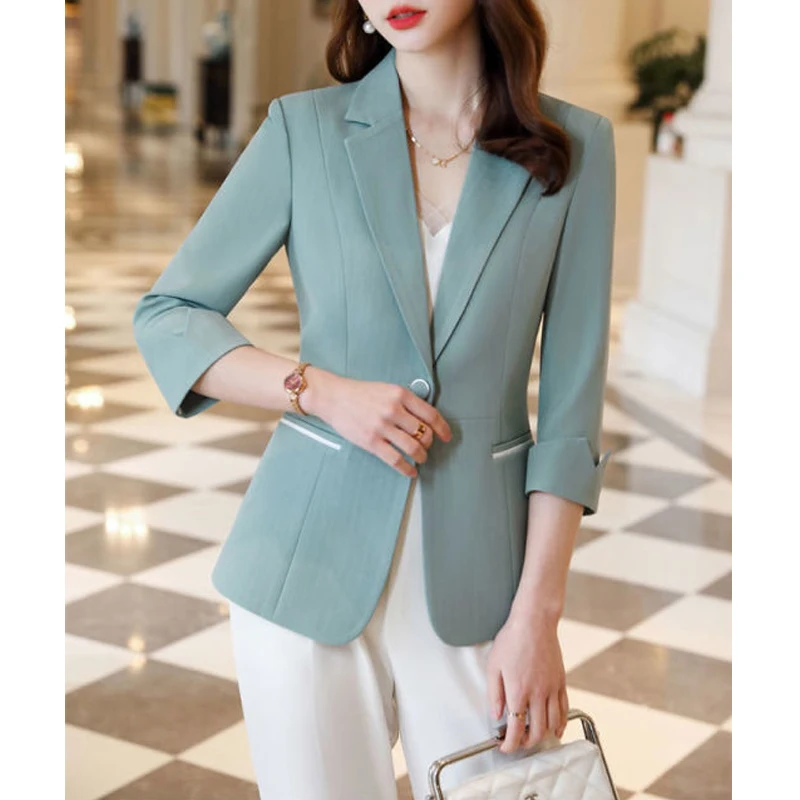 Spring Summer Women Elegant Business Casual Single Button Blazer Jacket Office Lady Notched Neck Solid 3/4 Sleeve Slim Suit Coat