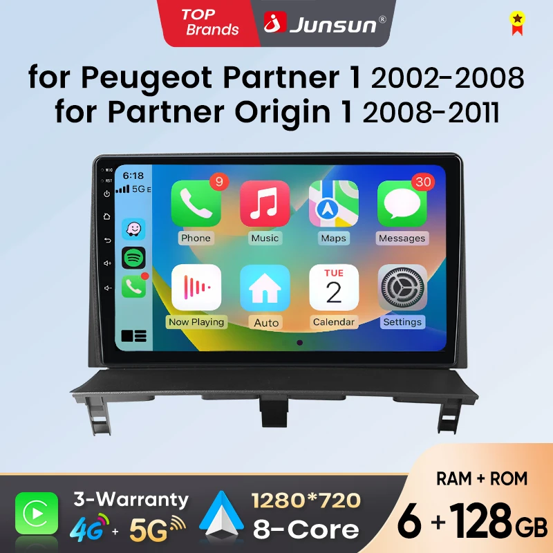 Autoradio Android Auto Junsun pour Peugeot Partner 1 2002-2008 Partner Origin 1 2008-2011 Multimédia sans fil CarPlay SWC GPS