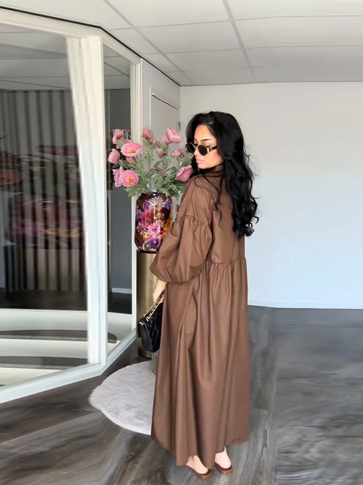 Elegantจีบชุดยาวผู้หญิงOversizeโคมไฟเดี่ยวBreasted O-คอชุดลําลองฤดูร้อน 2025 New Street Robe