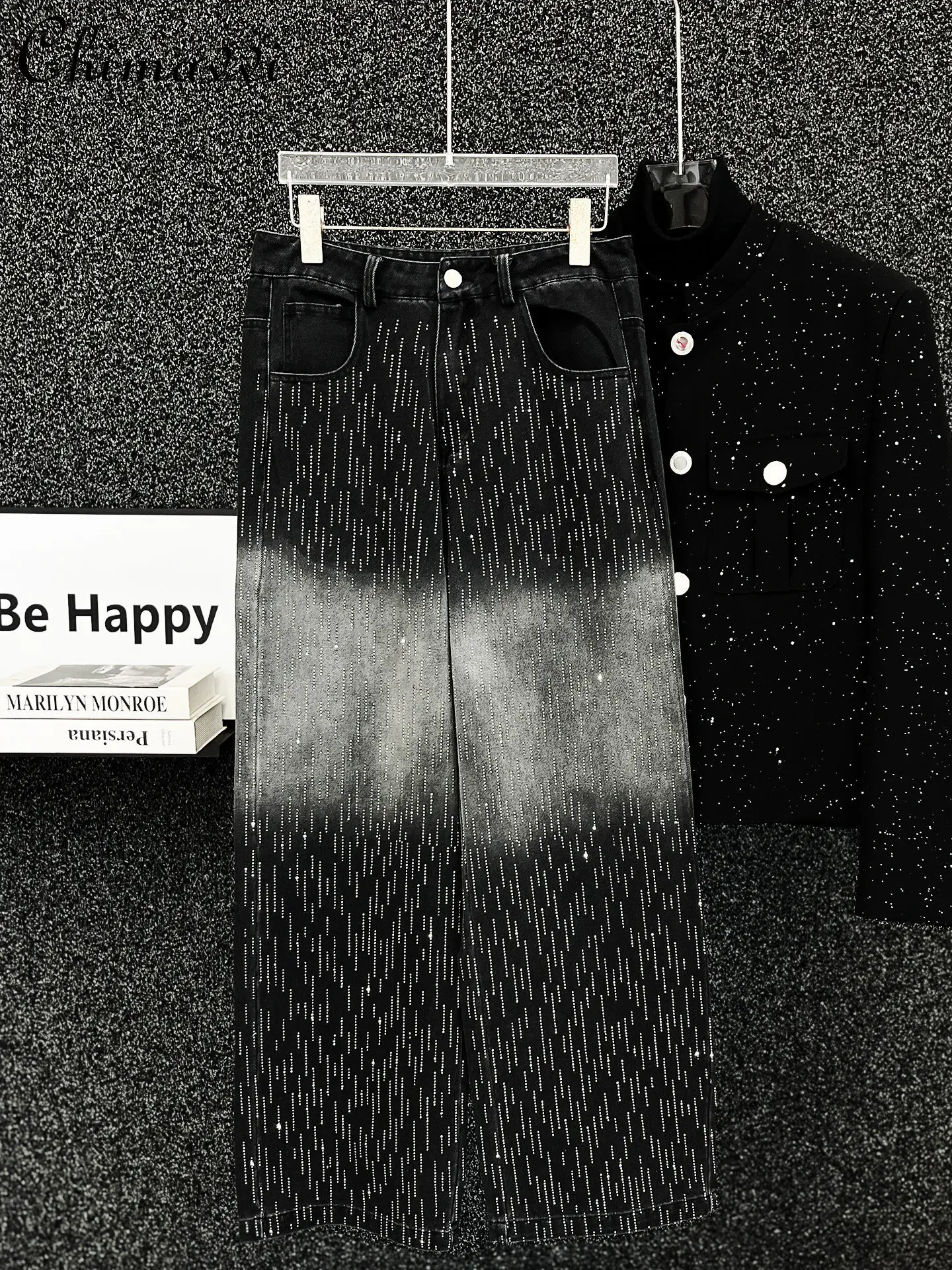 

Original Fashion Casual Men's Wide-leg Jeans Summer Heavy Industry Diamond High Waist Black Loose Straight Denim Pants for Men