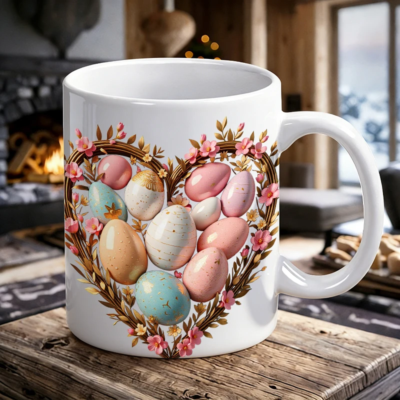 

1pcs Heart Wreath Easter Egg Ceramic Cup, Coffee Cup, Milk Cup, Office Tea Cup, Drinking Cup, Fade-Resistant, Gift for Friends