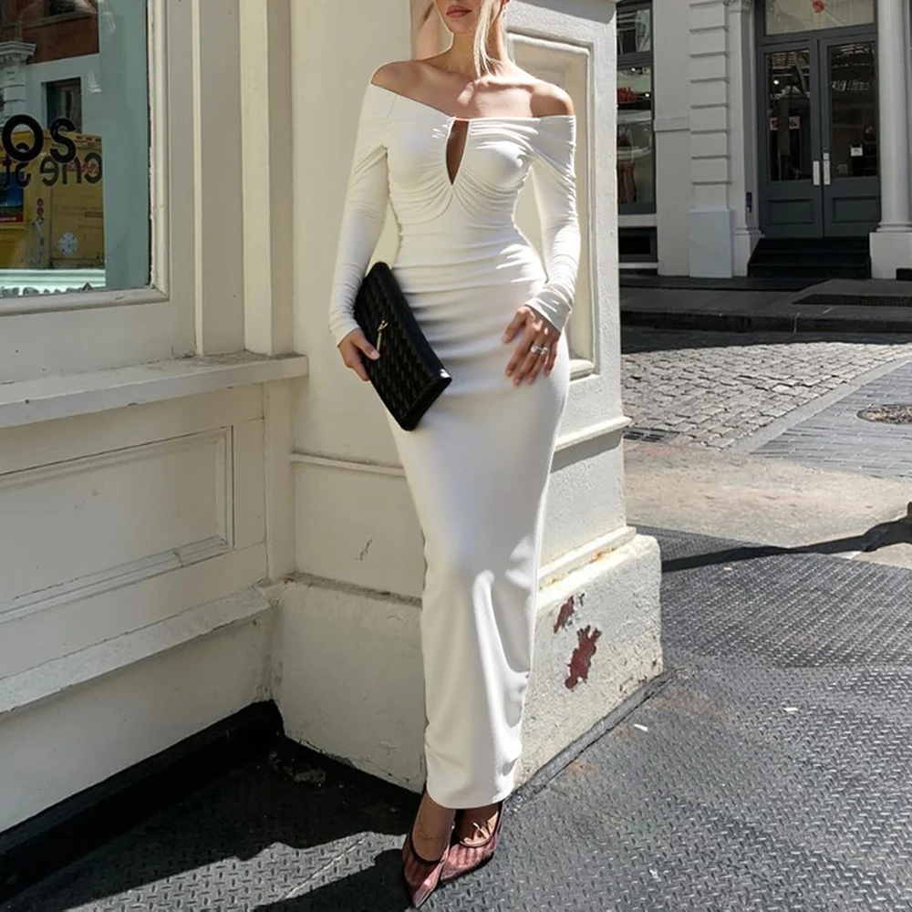 

Mia Muse Summer Long Dresses 2025 Fitting Slim Elegant Solid Color Folds Long Sleeve Off Shoulder Midi Evening Dresses For Women