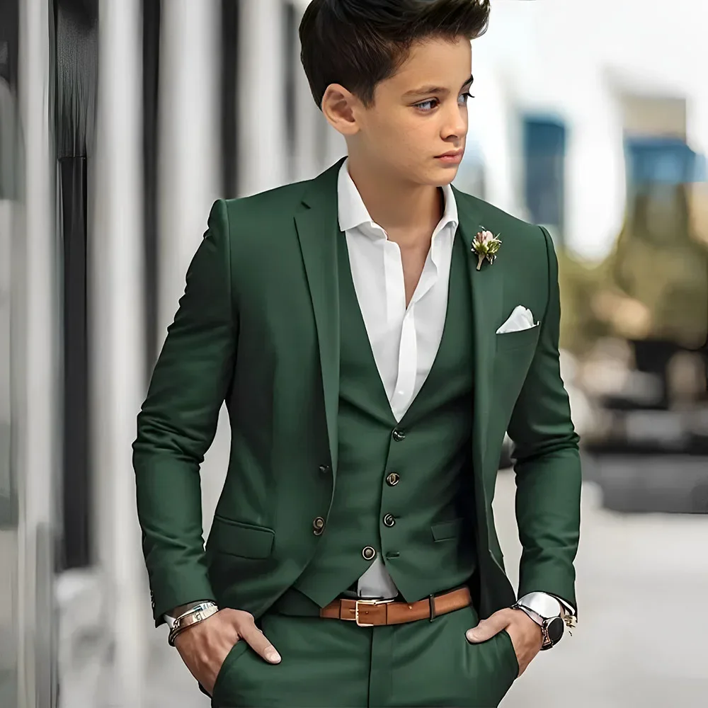 الفاخرة الأخضر الأولاد الدعاوى 3 قطعة سترة السراويل سترة أنيقة الزفاف الصبي الملابس عالية الجودة مخصصة مجموعات كاملة زي الاطفال