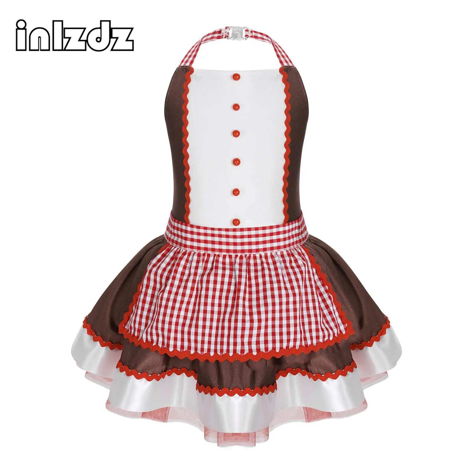 

Kids Girls Christmas Costume Fancy Halloween Cookie Gingerbread Man Princess Dress Plaid Apron Tutu Ballet Leotard Dancewear