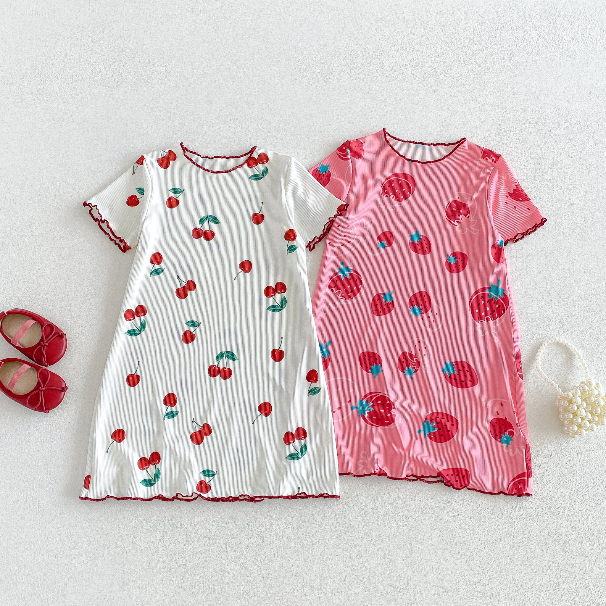 Summer Girls' Nightgown Baby Cherry Home Clothing Sleep Skirt Short-Sleeved Strawberry Dress Casual Outfit Two-Piece Set