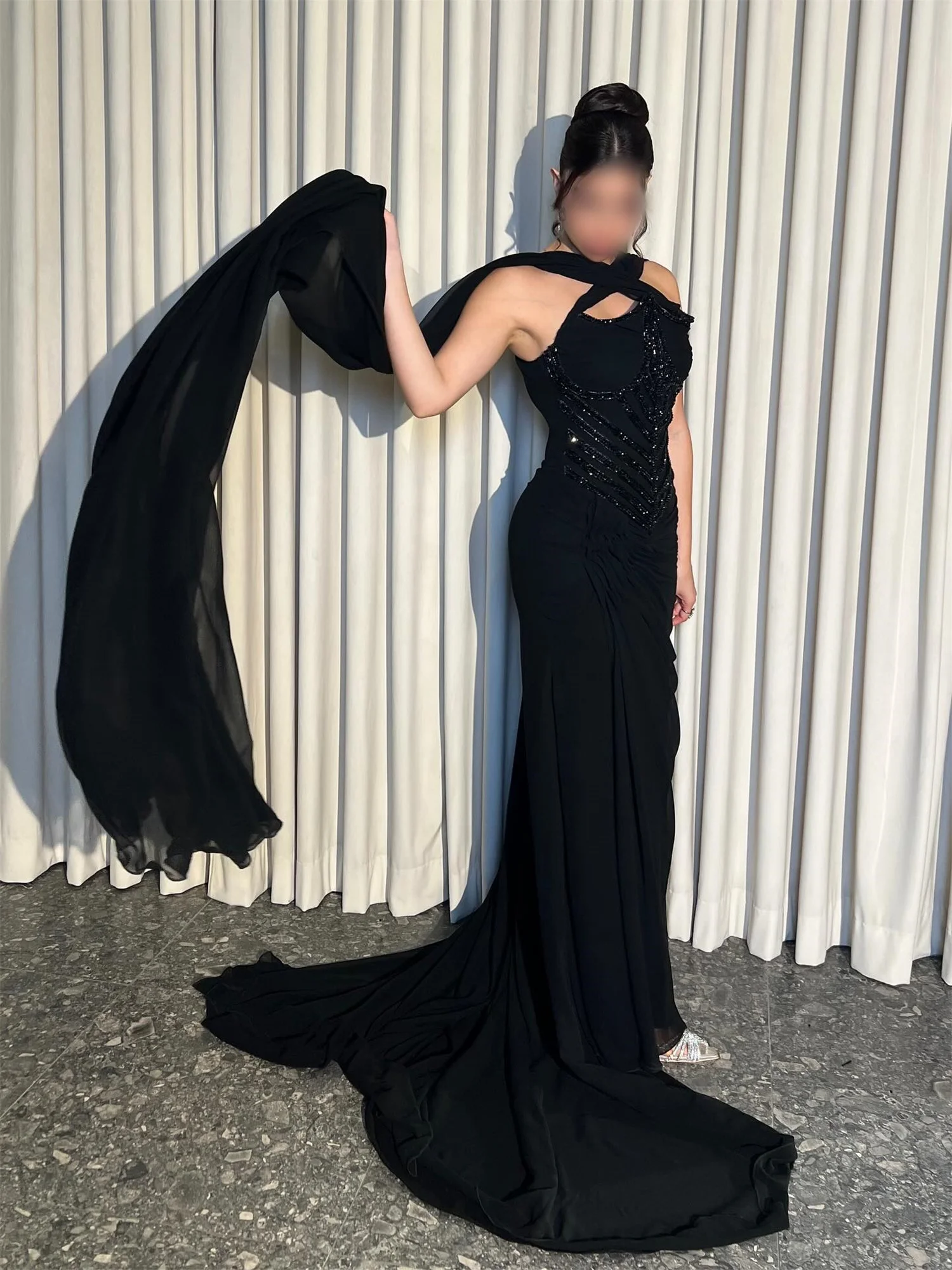 فستان سهرة نسائي أسود من Loretta فساتين لحضور الحفلات الموسيقية للمناسبات الخاصة مخصصة من الشيفون فيستدوس دي فيستا شال #4