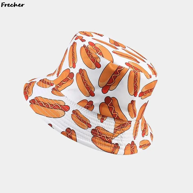 Hot Dog Bucket Hats Summer Sunscreen Panama Breathable Cotton Funny Sun Hats for Women Men Outdoor Hip Hop Cap Hamburger Caps