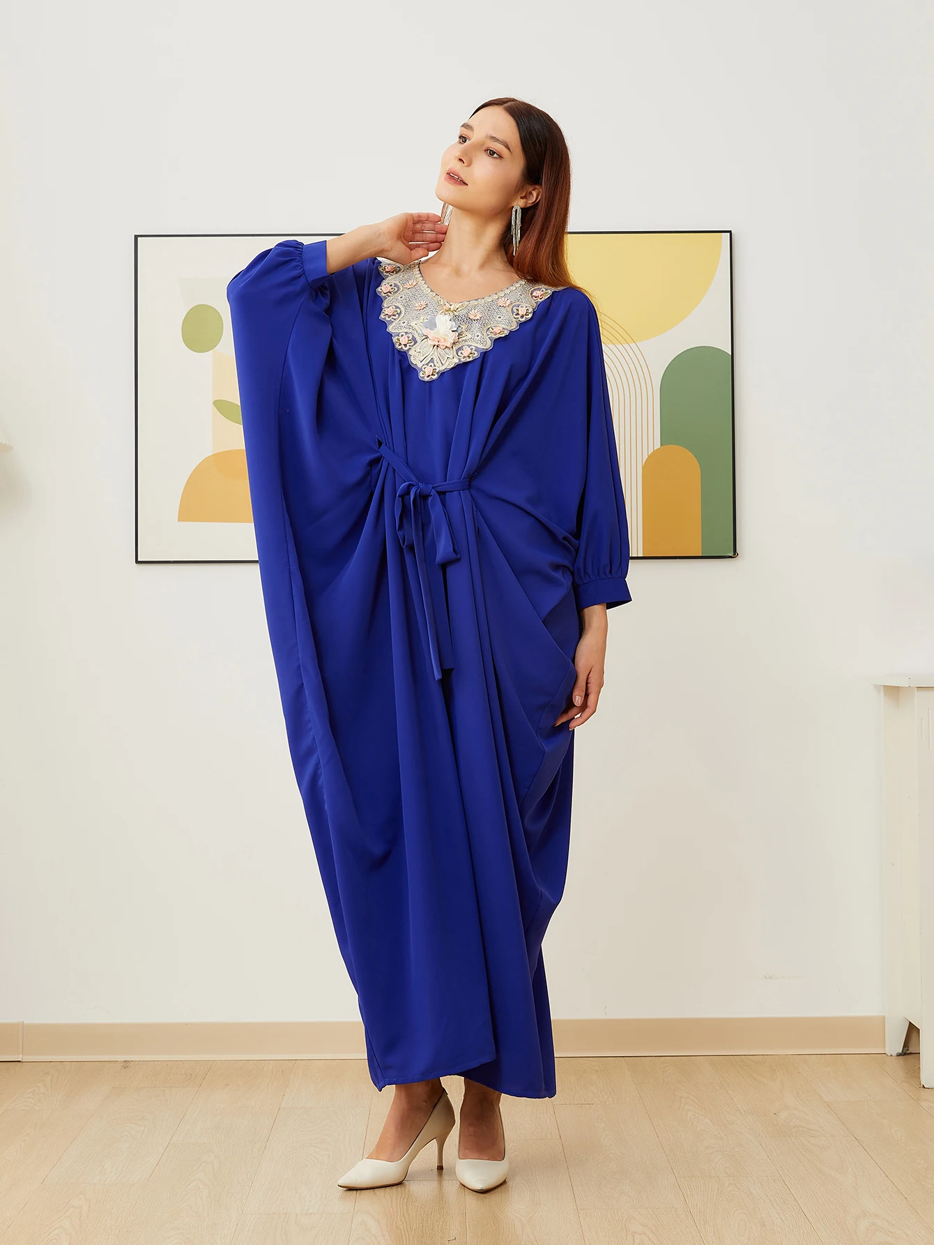 

Blueish-blue batwing sleeve long dress with drawstring waist, loose and wide, slimming and long style dress