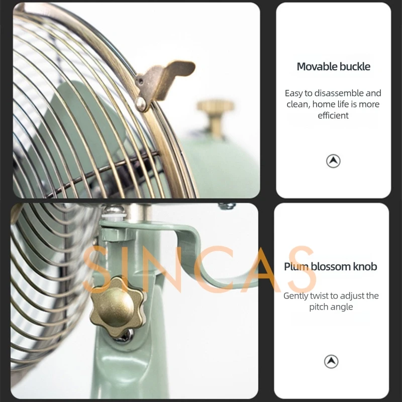 Vintage Metal Desk Oscillating Fan 8-Inch Retro Classic Antique Space-Saving Table Detachable Fan for Home Office Study Desktop