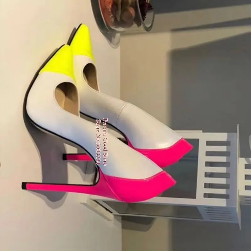 Sexy Pointed Toe Patchwork Dress Shoes Yellow Black Pink Multicolor Leather Stiletto Heel Shallow Pumps Slip-on Banquet Shoes