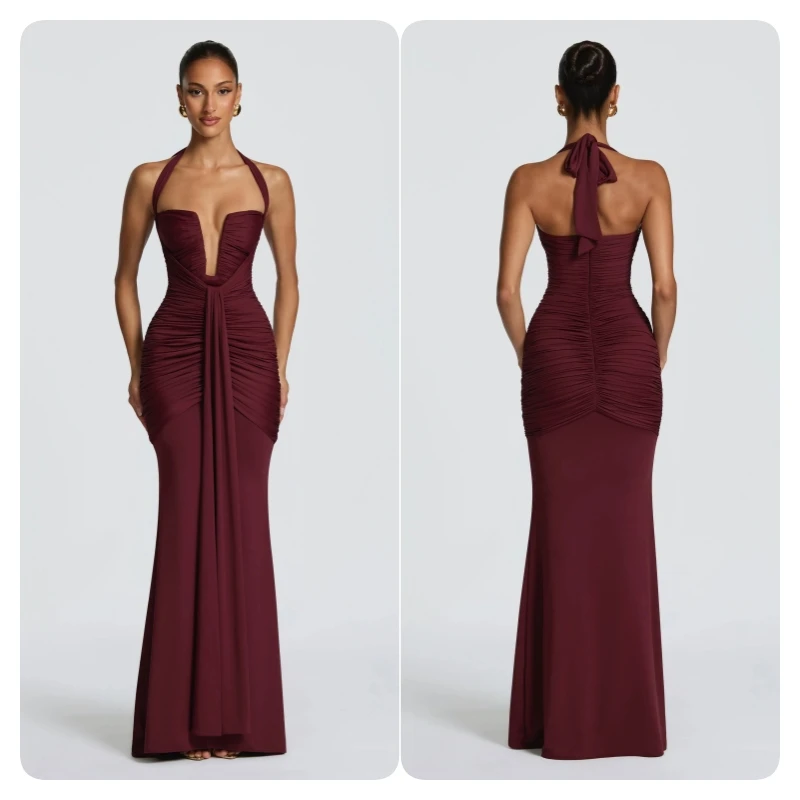 

2026 Burgundy Halter Neck Deep V Neck Ruched Mermaid Maxi Dress Evening Gown Bridesmaid Party Cocktail Prom Wedding Guest Formal