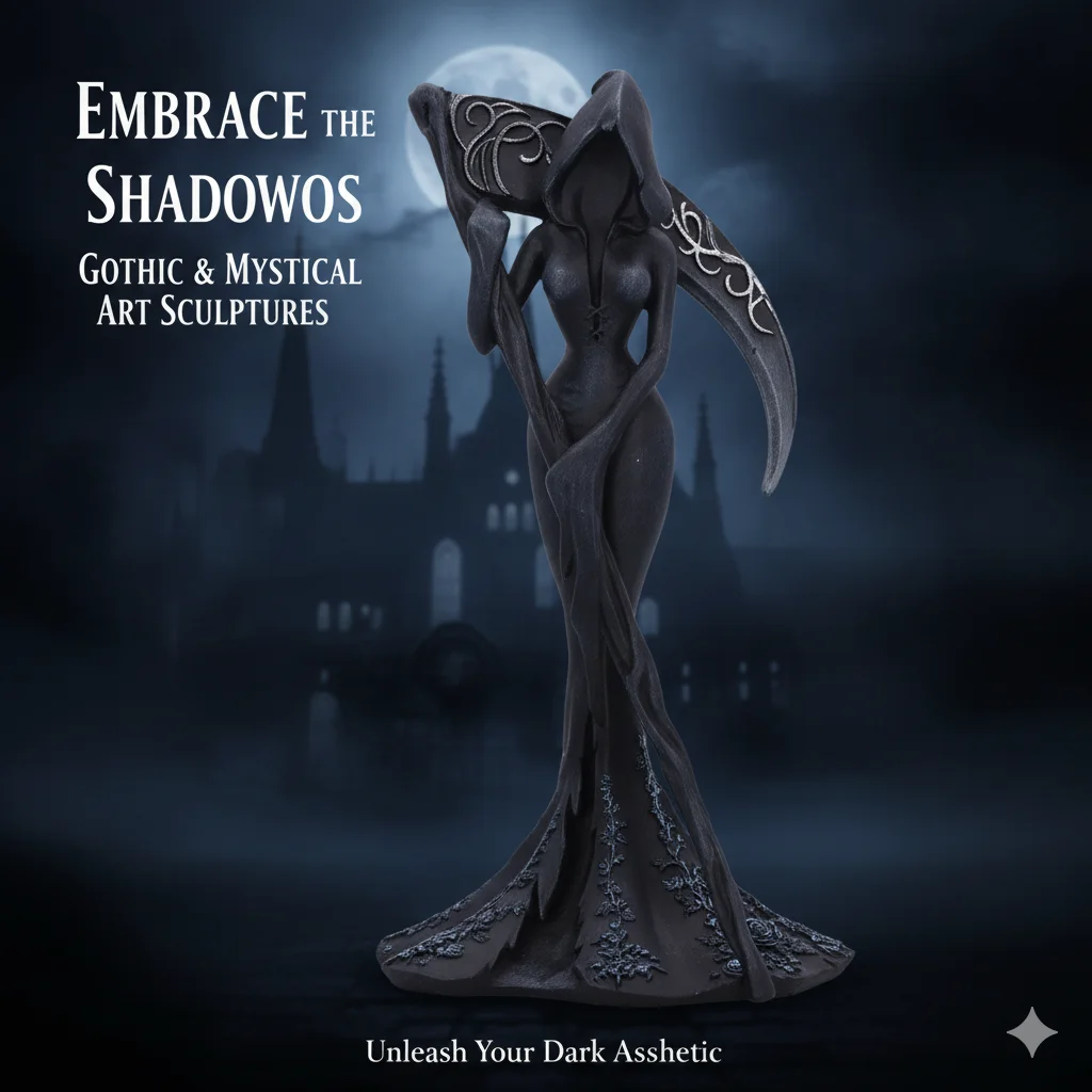 Black Resin Grim Reaper Lady Sculpture Gothic Fantasy Dark Fairy Statue Halloween Desktop Decor Collectible Craft Ornament Gift