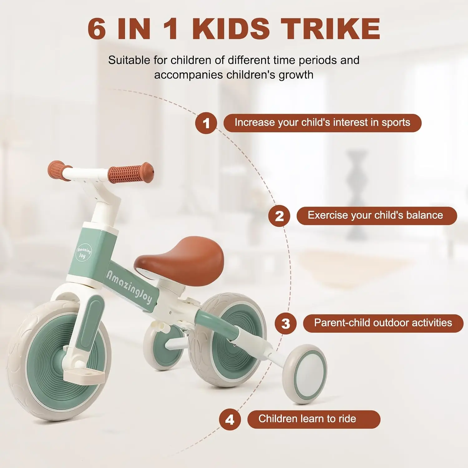 6-in-1 Toddler Tricycle for 1-3 Years, Push Bike to Balance Bike, Adjustable Seat, Gift for Kids view 5