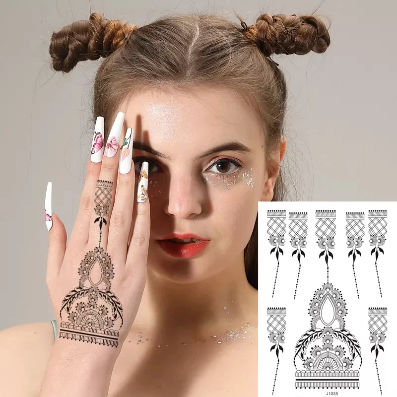 Black Henna Temporary Tattoos for Women Lace Flower Mehndi Sticker for Hand Fake Henna Tattoo Sticker Body Art Hena Tatoo