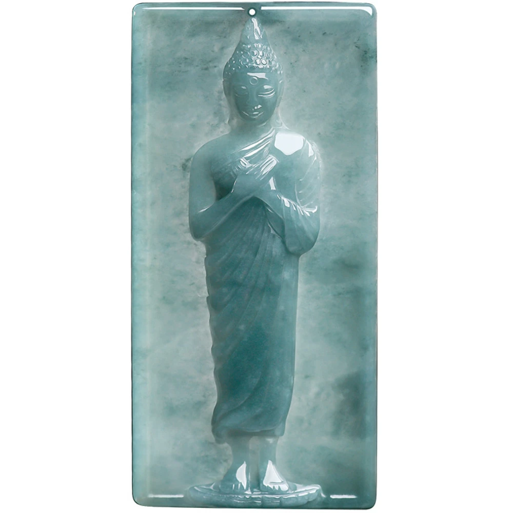 Authentic Burma Ice Blue Water Grade A Jadeite Rectangle Pendant Classic Standing Buddha Carving Fashion Neck Ornament Men Women