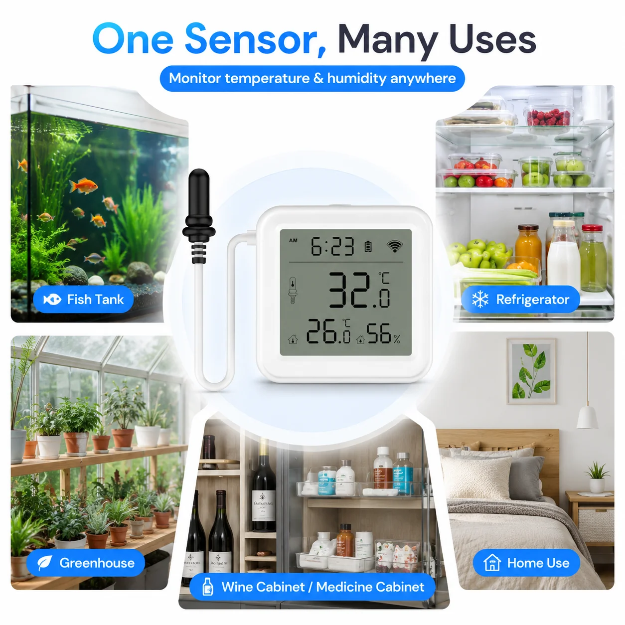 WiFi Temperature Humidity Sensor with 1M External Probe LCD Thermometer Hygrometer for Smart App Alert Compatible with Refrigera