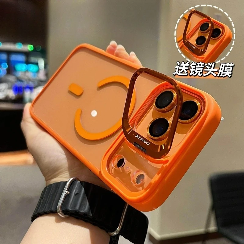 Luxury Magnetic Phone Case for IPhone 11 12 13 14 15 16 17 Pro Max Air with Magsafe Glass Lens Stand Protection Back Cases Cover