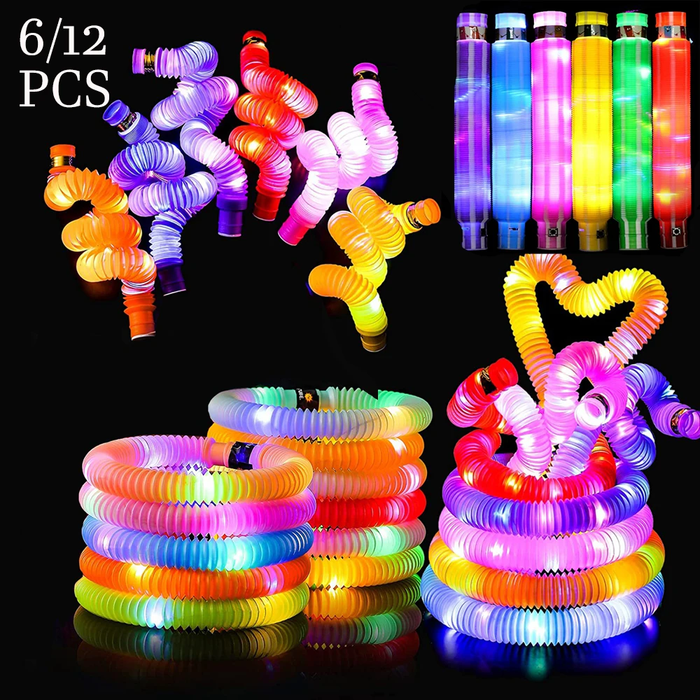 

6/12/24 pcs Pop Tubes Lighted LED Sensory Toys Pull Stretch Tube Toddlers Gifts Children's Luminous Popping Party Supplies