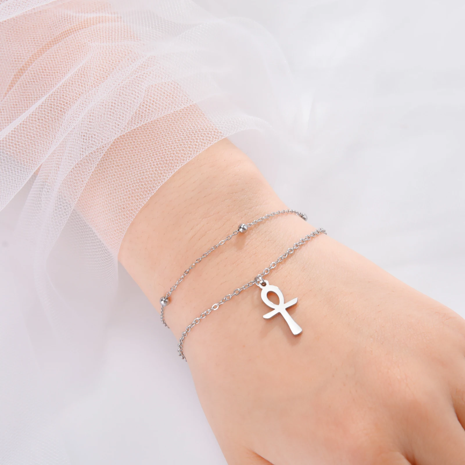 Unift African Layer Chain Bracelet for Women Tiny Egyptian Ankh Cross Africa Map Stainless Steel Charms Fashion Ethnic  Jewelry