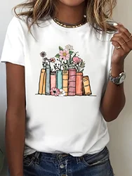 Floral Books Print T-shirt, Casual Short Sleeve Crew Neck Top For Spring & Summer, Women's Clothing