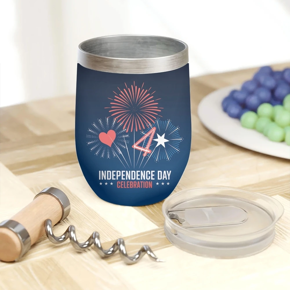 Independence Day Fireworks Celebration Vacuum Flasks 12oz Insulated Wine Tumbler Vacuum Coffee Mug Egg Shape Thermos Cup