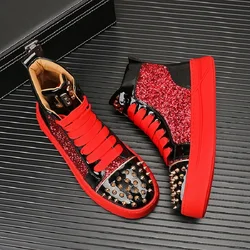 New riveted men's shoes thick soled sequin casual shoes men's soft soled sneakers high top board shoes A6