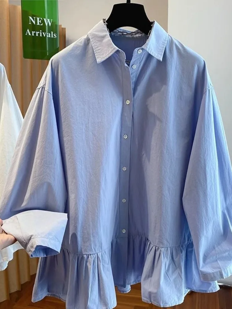 

Blue Lazy Style Shirt Women's Spring Autumn New Fashion Beautiful Matching Ultra Popular Cotton Long Sleeve Button up Shirt