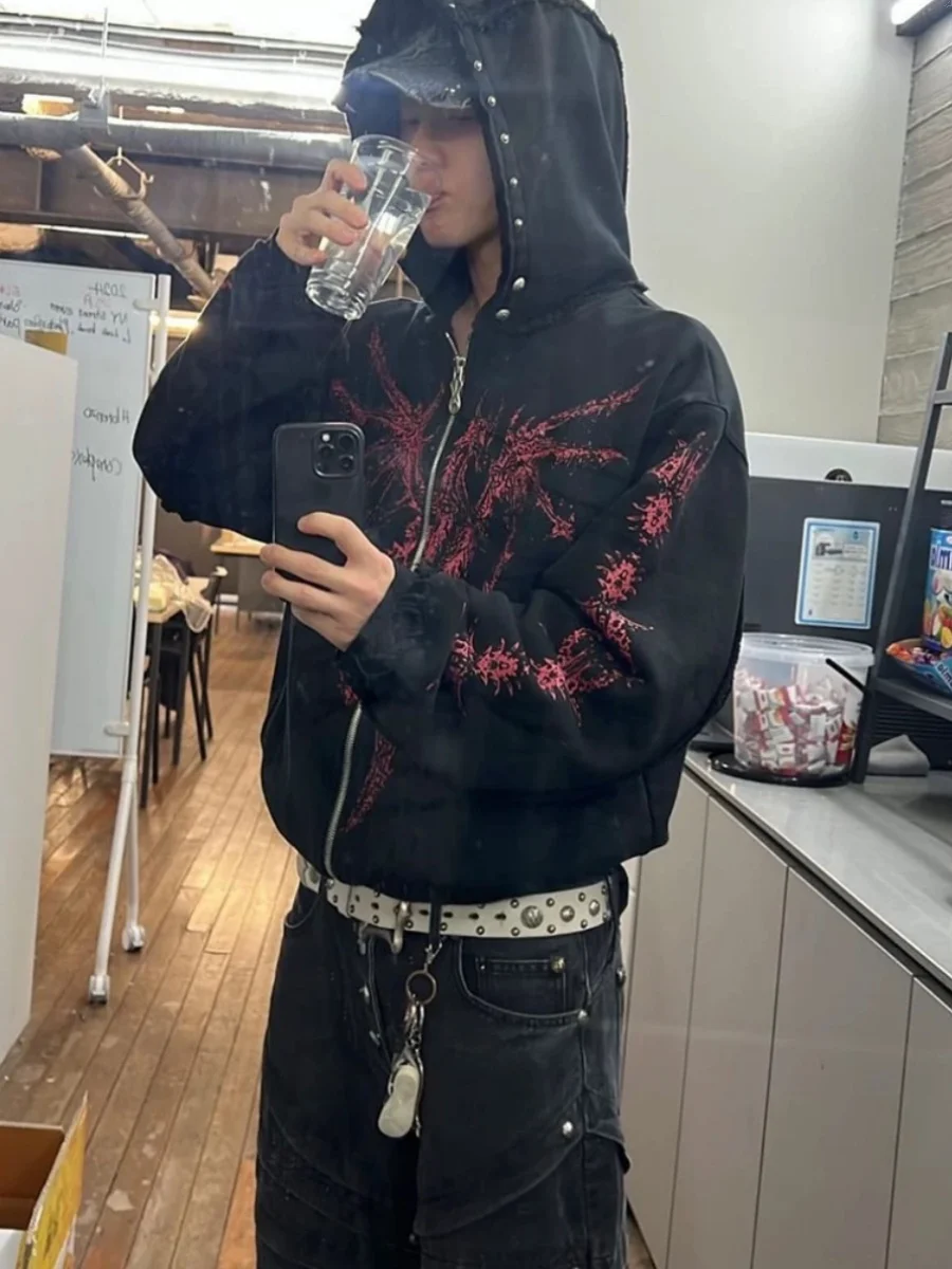 

THUG CLUB Retro Print Zipper Long Sve Devil Nail Loose Hoodie Sweatirt Jaet Youth Casual Spring Autumn Winter Wear