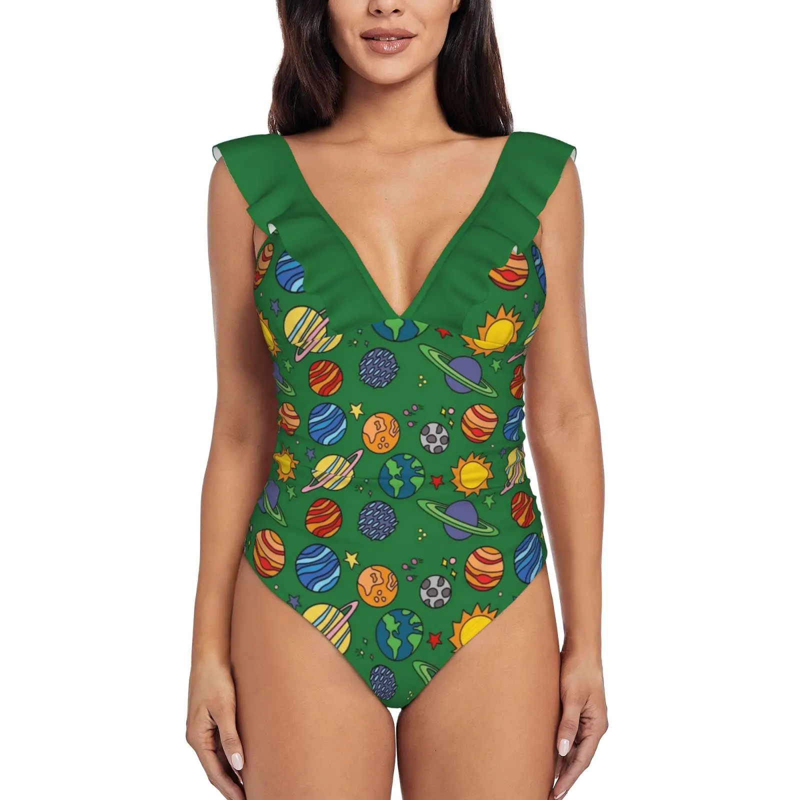 Planet Print | Space | Earth | Astronomy | Science | Green Sexy One Piece Swimsuit Women Swimwear Monokini Ruffle Bathing Suit