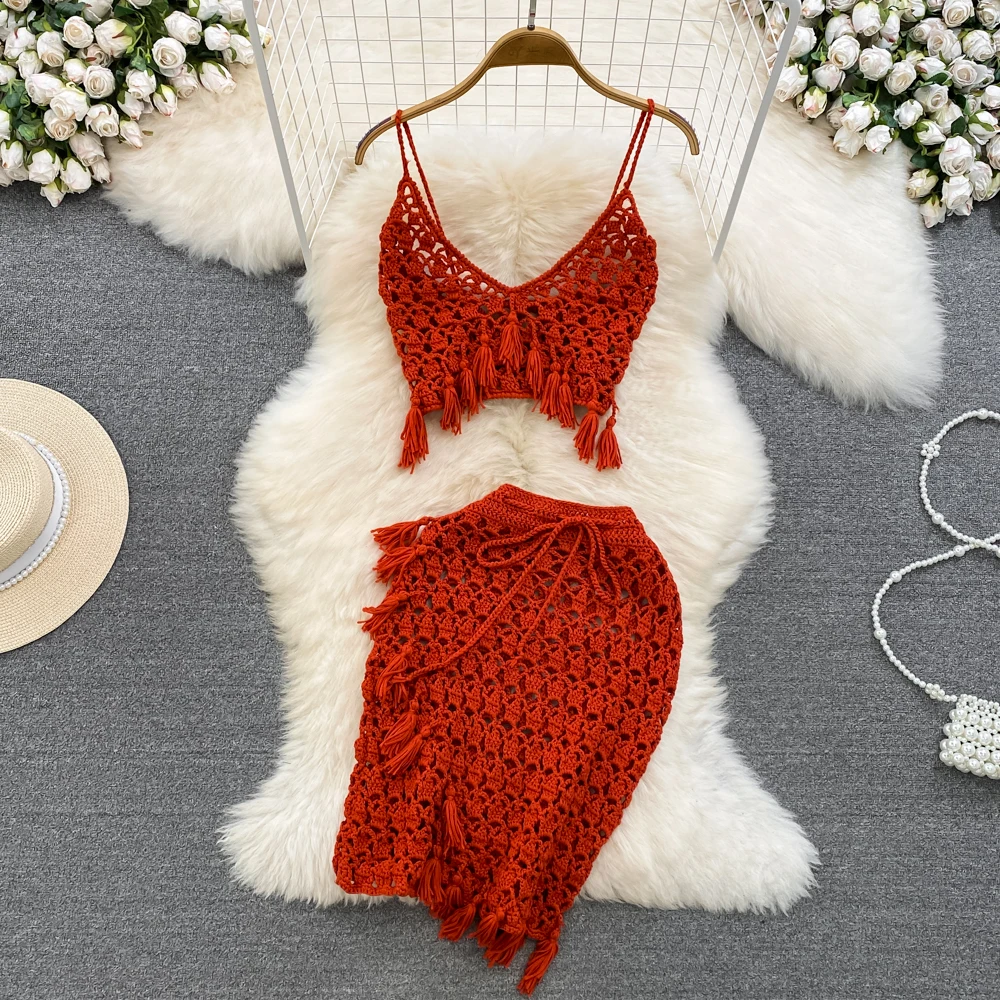 Korean Seaside Resort Fashion Suit Spice Girl V-neck Tassel Knitted Camisole Two-piece High Waist Hip Wrap Skirt