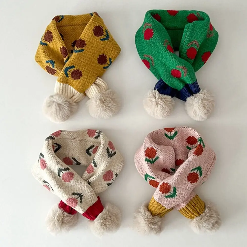 Jacquard Pattern Children Knitted Scarf Flower Print Pompon Kids Winter Neckerchief Windproof Thick Cross Scarf Autumn Winter