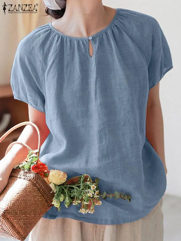 ZANZEA Summer Fashion Short Sleeve Blouse Woman O-Neck Solid Color Tunic Tops Female Casual Homewear Shirt Elegant Blusas Mujer