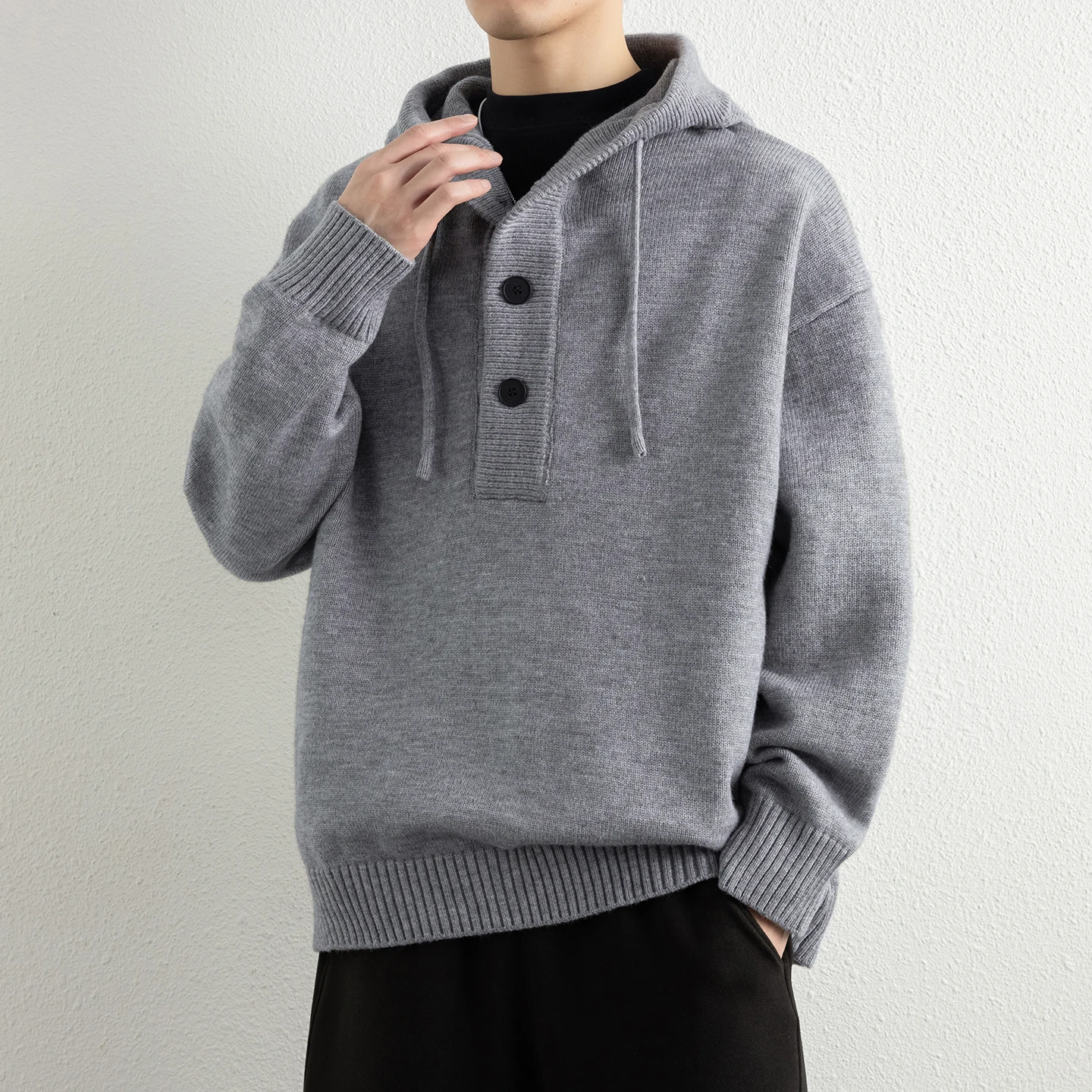 

Мужская утепленная вязаная толстовка с капюшоном на пуговицах, винтажная теплая шерстяная рубашка свободного кроя, удобная зимняя модная базовая модель