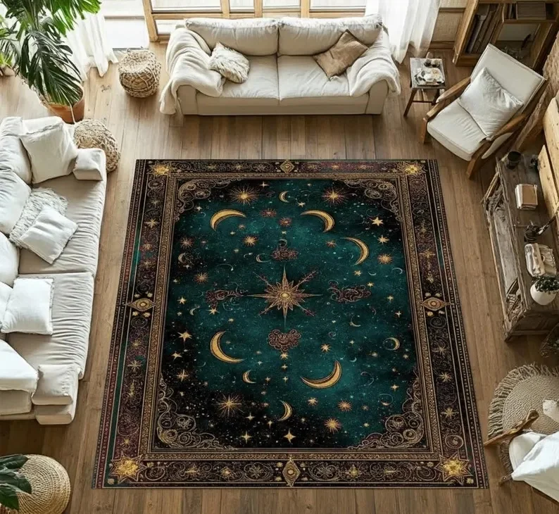 Royal Purple Bohemian Moon and Stars Carpet Mystical Cosmic Design with Golden Celestial Patterns Rug for Living Room Bedroom